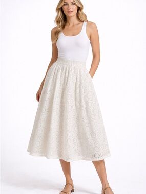Guess Cream Eyelet Midi Skirt